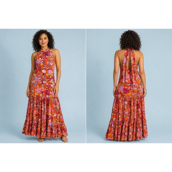 Vince Camuto Dresses & Skirts - Vince Camuto Halter Neck Dress Maxi Tiered S VTG Y2K Boho Vibrant Festival Hippi